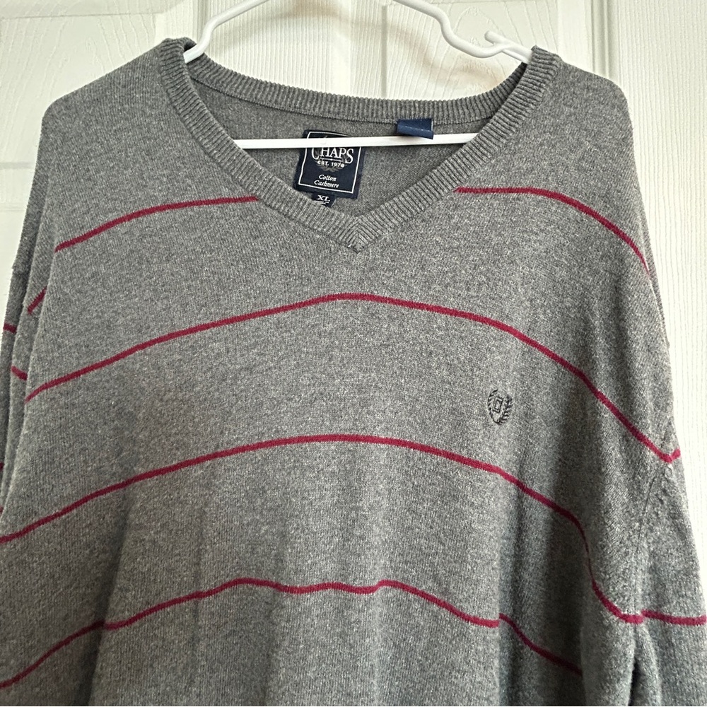 Chaps V-Neck Cashmere Blend Sweater, Size XL, Gray and Burgundy Striped - Picture 12 of 14